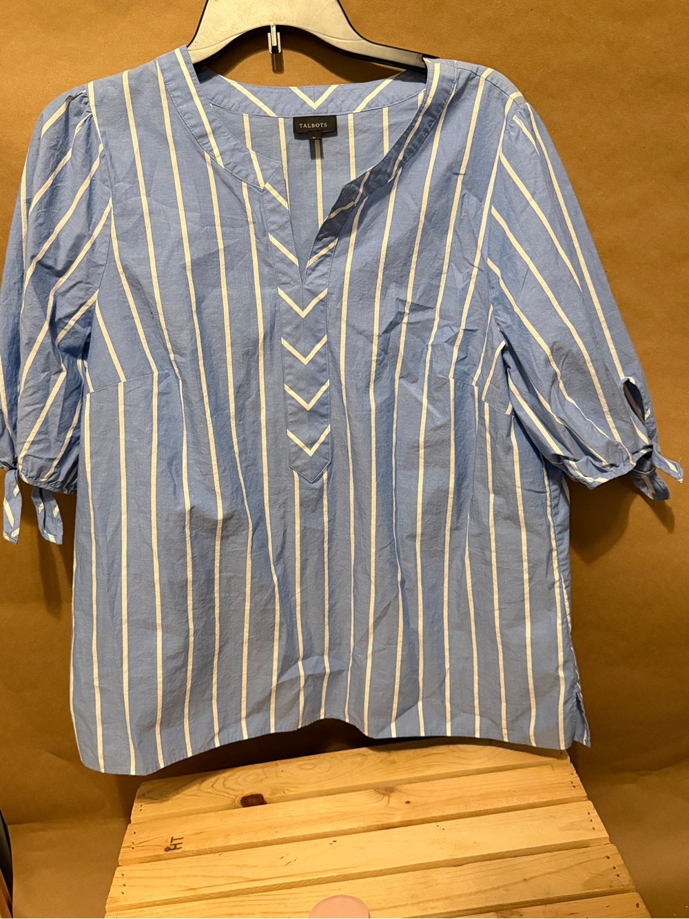 Talbots Light Blue and White Vertical Stripe V-Neck Blouse